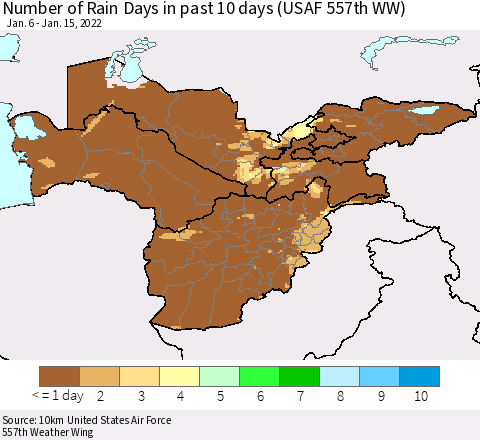 Central Asia Number of Rain Days in past 10 days (USAF 557th WW) Thematic Map For 1/11/2022 - 1/15/2022