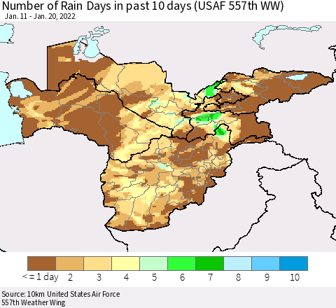 Central Asia Number of Rain Days in past 10 days (USAF 557th WW) Thematic Map For 1/16/2022 - 1/20/2022