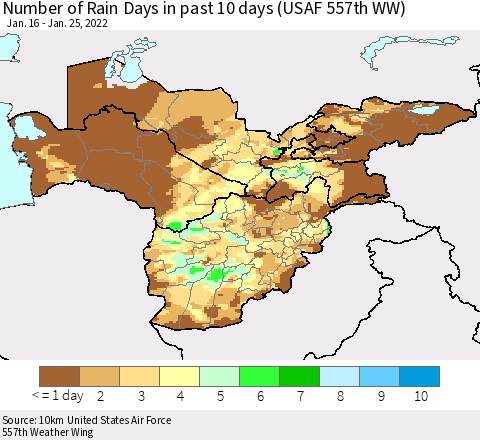 Central Asia Number of Rain Days in past 10 days (USAF 557th WW) Thematic Map For 1/21/2022 - 1/25/2022