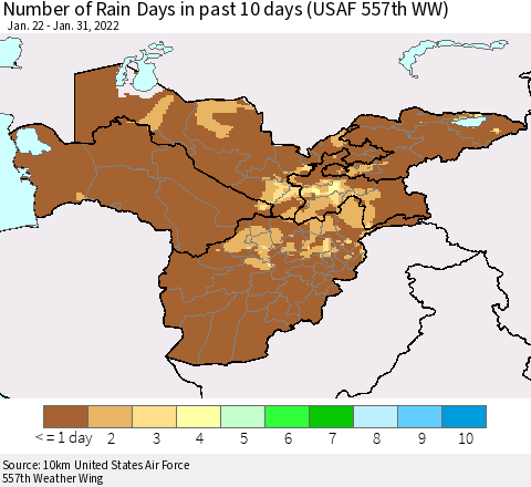 Central Asia Number of Rain Days in past 10 days (USAF 557th WW) Thematic Map For 1/26/2022 - 1/31/2022