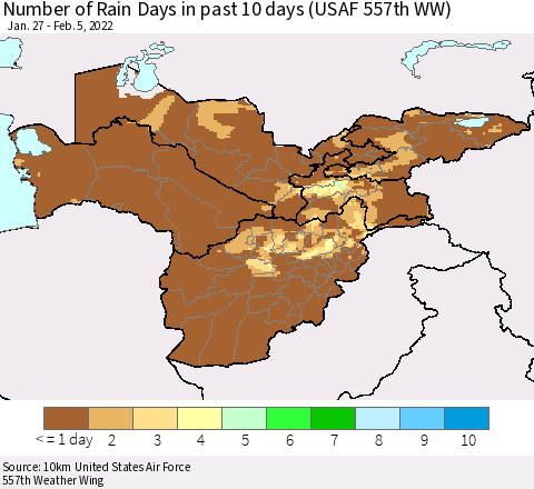 Central Asia Number of Rain Days in past 10 days (USAF 557th WW) Thematic Map For 2/1/2022 - 2/5/2022