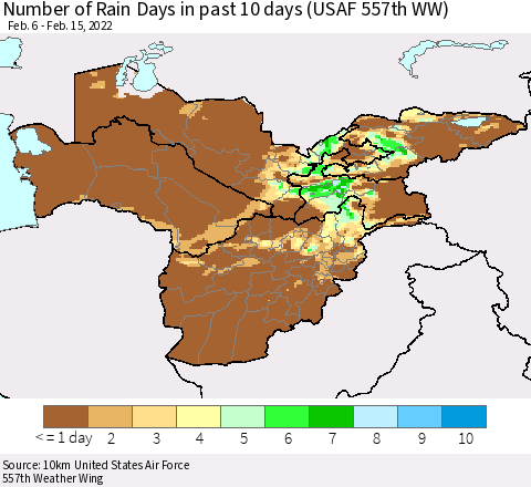 Central Asia Number of Rain Days in past 10 days (USAF 557th WW) Thematic Map For 2/11/2022 - 2/15/2022