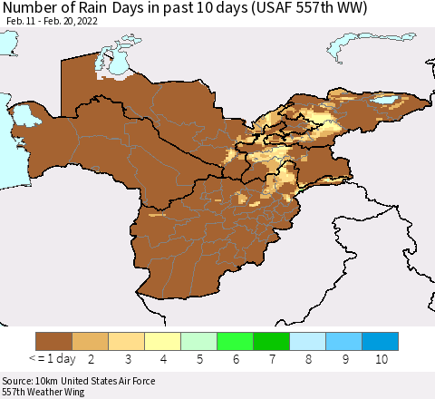Central Asia Number of Rain Days in past 10 days (USAF 557th WW) Thematic Map For 2/16/2022 - 2/20/2022