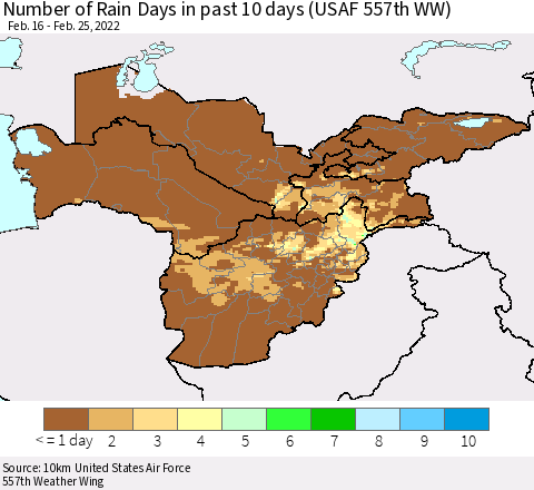 Central Asia Number of Rain Days in past 10 days (USAF 557th WW) Thematic Map For 2/21/2022 - 2/25/2022