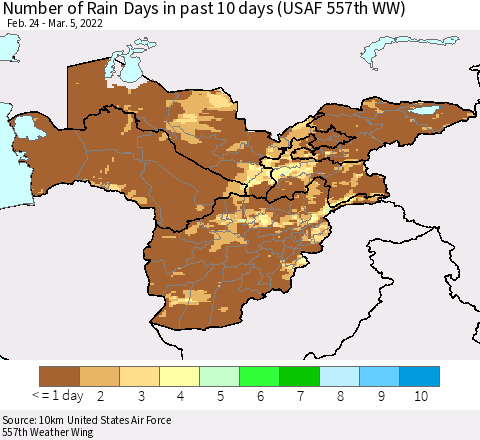 Central Asia Number of Rain Days in past 10 days (USAF 557th WW) Thematic Map For 3/1/2022 - 3/5/2022