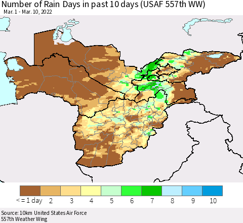Central Asia Number of Rain Days in past 10 days (USAF 557th WW) Thematic Map For 3/6/2022 - 3/10/2022