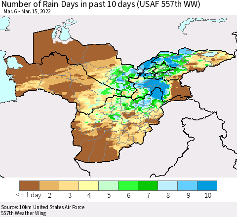 Central Asia Number of Rain Days in past 10 days (USAF 557th WW) Thematic Map For 3/11/2022 - 3/15/2022