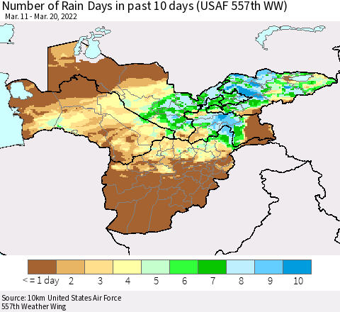Central Asia Number of Rain Days in past 10 days (USAF 557th WW) Thematic Map For 3/16/2022 - 3/20/2022