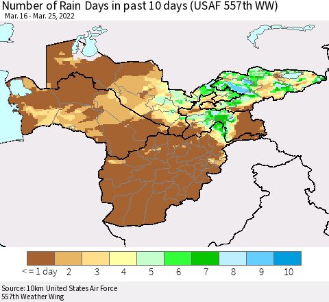 Central Asia Number of Rain Days in past 10 days (USAF 557th WW) Thematic Map For 3/21/2022 - 3/25/2022