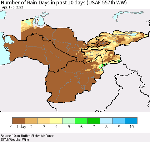 Central Asia Number of Rain Days in past 10 days (USAF 557th WW) Thematic Map For 4/1/2022 - 4/5/2022