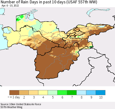 Central Asia Number of Rain Days in past 10 days (USAF 557th WW) Thematic Map For 4/6/2022 - 4/10/2022