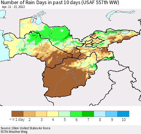 Central Asia Number of Rain Days in past 10 days (USAF 557th WW) Thematic Map For 4/11/2022 - 4/15/2022