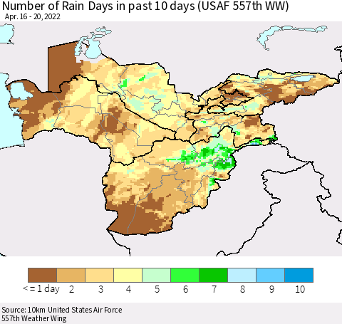 Central Asia Number of Rain Days in past 10 days (USAF 557th WW) Thematic Map For 4/16/2022 - 4/20/2022