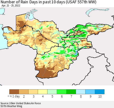 Central Asia Number of Rain Days in past 10 days (USAF 557th WW) Thematic Map For 4/21/2022 - 4/25/2022