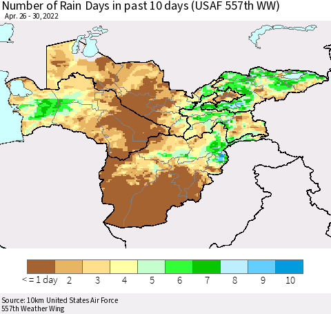 Central Asia Number of Rain Days in past 10 days (USAF 557th WW) Thematic Map For 4/26/2022 - 4/30/2022