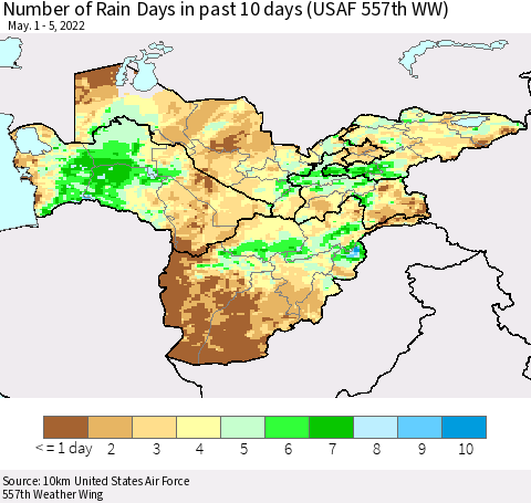 Central Asia Number of Rain Days in past 10 days (USAF 557th WW) Thematic Map For 5/1/2022 - 5/5/2022