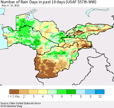 Central Asia Number of Rain Days in past 10 days (USAF 557th WW) Thematic Map For 5/6/2022 - 5/10/2022
