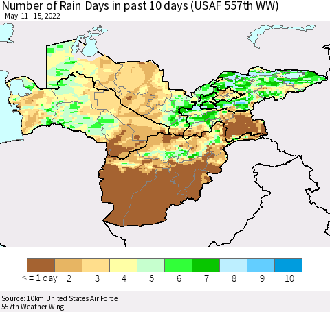 Central Asia Number of Rain Days in past 10 days (USAF 557th WW) Thematic Map For 5/11/2022 - 5/15/2022