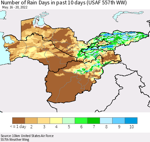 Central Asia Number of Rain Days in past 10 days (USAF 557th WW) Thematic Map For 5/16/2022 - 5/20/2022