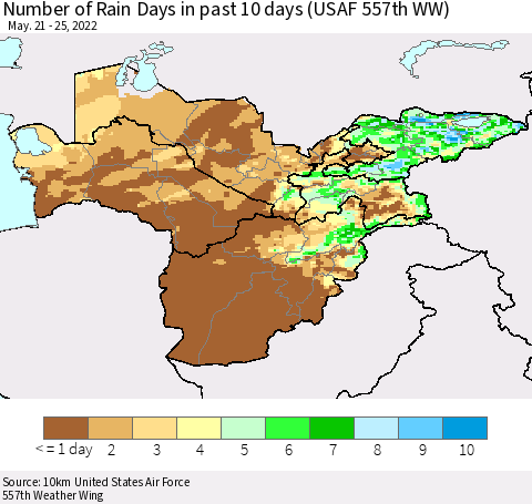Central Asia Number of Rain Days in past 10 days (USAF 557th WW) Thematic Map For 5/21/2022 - 5/25/2022