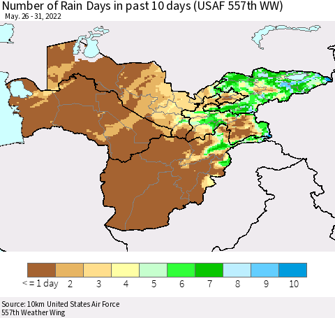 Central Asia Number of Rain Days in past 10 days (USAF 557th WW) Thematic Map For 5/26/2022 - 5/31/2022