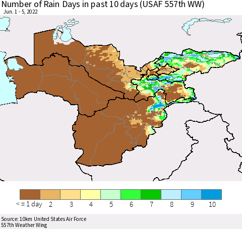 Central Asia Number of Rain Days in past 10 days (USAF 557th WW) Thematic Map For 6/1/2022 - 6/5/2022