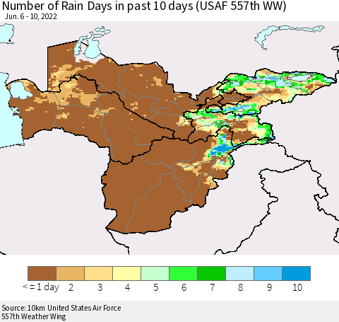 Central Asia Number of Rain Days in past 10 days (USAF 557th WW) Thematic Map For 6/6/2022 - 6/10/2022