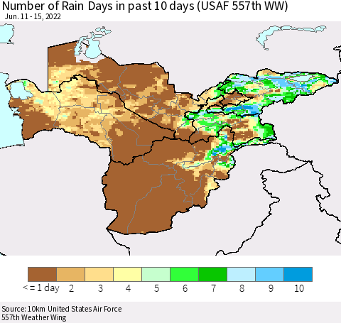 Central Asia Number of Rain Days in past 10 days (USAF 557th WW) Thematic Map For 6/11/2022 - 6/15/2022