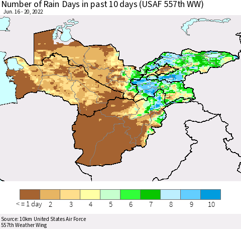 Central Asia Number of Rain Days in past 10 days (USAF 557th WW) Thematic Map For 6/16/2022 - 6/20/2022