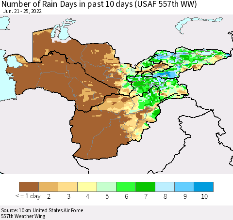 Central Asia Number of Rain Days in past 10 days (USAF 557th WW) Thematic Map For 6/21/2022 - 6/25/2022