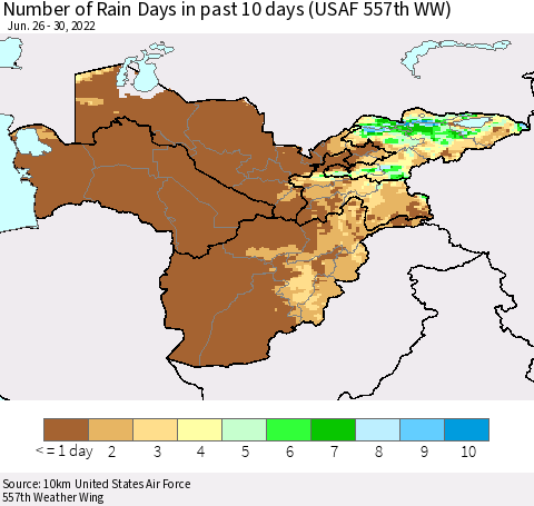 Central Asia Number of Rain Days in past 10 days (USAF 557th WW) Thematic Map For 6/26/2022 - 6/30/2022
