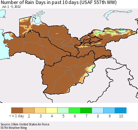 Central Asia Number of Rain Days in past 10 days (USAF 557th WW) Thematic Map For 7/1/2022 - 7/5/2022