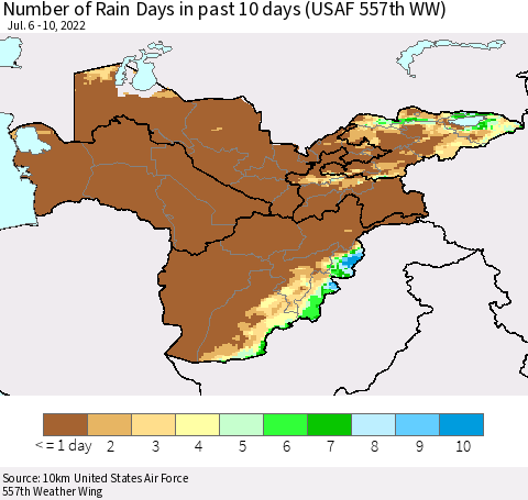 Central Asia Number of Rain Days in past 10 days (USAF 557th WW) Thematic Map For 7/6/2022 - 7/10/2022