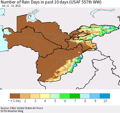 Central Asia Number of Rain Days in past 10 days (USAF 557th WW) Thematic Map For 7/11/2022 - 7/15/2022
