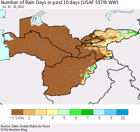 Central Asia Number of Rain Days in past 10 days (USAF 557th WW) Thematic Map For 7/16/2022 - 7/20/2022