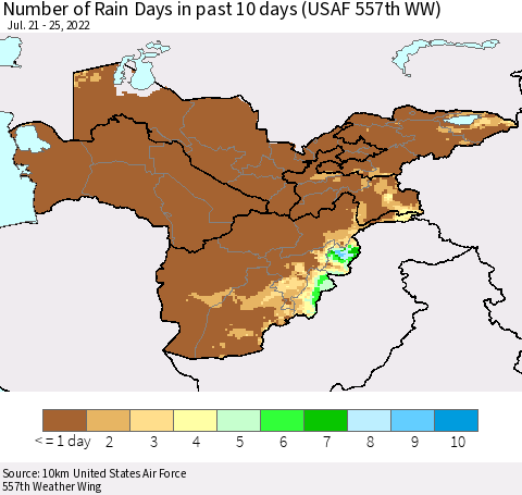 Central Asia Number of Rain Days in past 10 days (USAF 557th WW) Thematic Map For 7/21/2022 - 7/25/2022