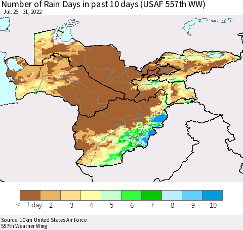 Central Asia Number of Rain Days in past 10 days (USAF 557th WW) Thematic Map For 7/26/2022 - 7/31/2022
