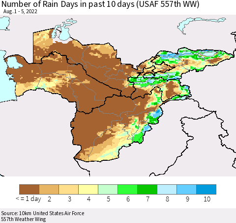 Central Asia Number of Rain Days in past 10 days (USAF 557th WW) Thematic Map For 8/1/2022 - 8/5/2022