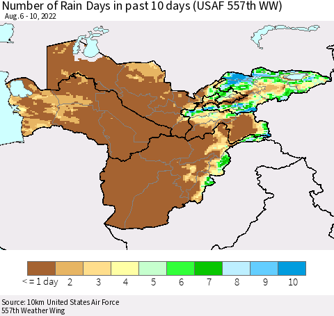 Central Asia Number of Rain Days in past 10 days (USAF 557th WW) Thematic Map For 8/6/2022 - 8/10/2022