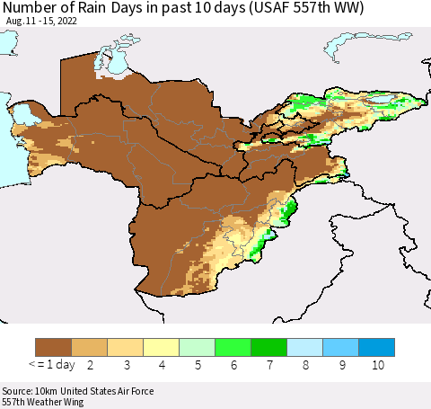Central Asia Number of Rain Days in past 10 days (USAF 557th WW) Thematic Map For 8/11/2022 - 8/15/2022