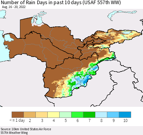 Central Asia Number of Rain Days in past 10 days (USAF 557th WW) Thematic Map For 8/16/2022 - 8/20/2022