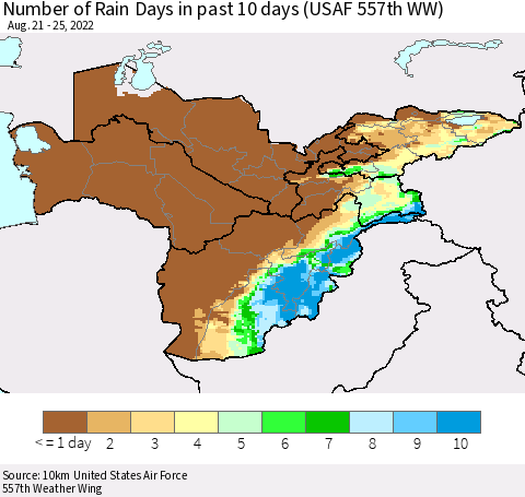Central Asia Number of Rain Days in past 10 days (USAF 557th WW) Thematic Map For 8/21/2022 - 8/25/2022