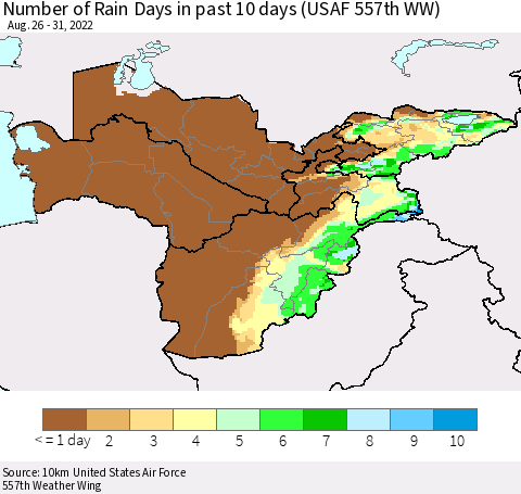 Central Asia Number of Rain Days in past 10 days (USAF 557th WW) Thematic Map For 8/26/2022 - 8/31/2022