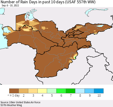 Central Asia Number of Rain Days in past 10 days (USAF 557th WW) Thematic Map For 9/6/2022 - 9/10/2022