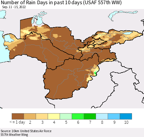 Central Asia Number of Rain Days in past 10 days (USAF 557th WW) Thematic Map For 9/11/2022 - 9/15/2022