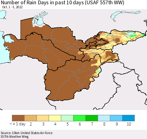 Central Asia Number of Rain Days in past 10 days (USAF 557th WW) Thematic Map For 10/1/2022 - 10/5/2022