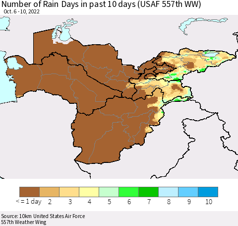 Central Asia Number of Rain Days in past 10 days (USAF 557th WW) Thematic Map For 10/6/2022 - 10/10/2022