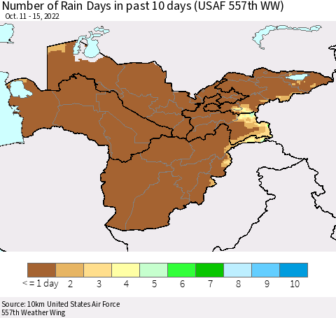Central Asia Number of Rain Days in past 10 days (USAF 557th WW) Thematic Map For 10/11/2022 - 10/15/2022