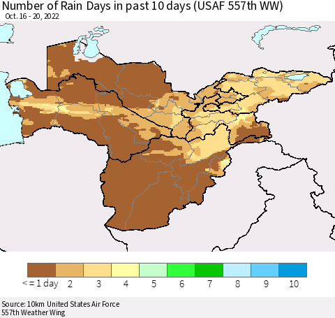 Central Asia Number of Rain Days in past 10 days (USAF 557th WW) Thematic Map For 10/16/2022 - 10/20/2022