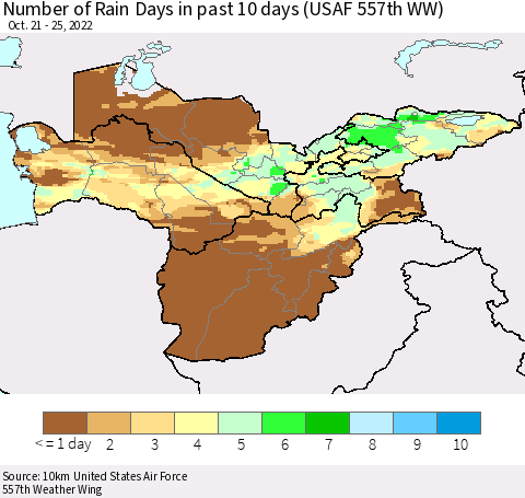 Central Asia Number of Rain Days in past 10 days (USAF 557th WW) Thematic Map For 10/21/2022 - 10/25/2022